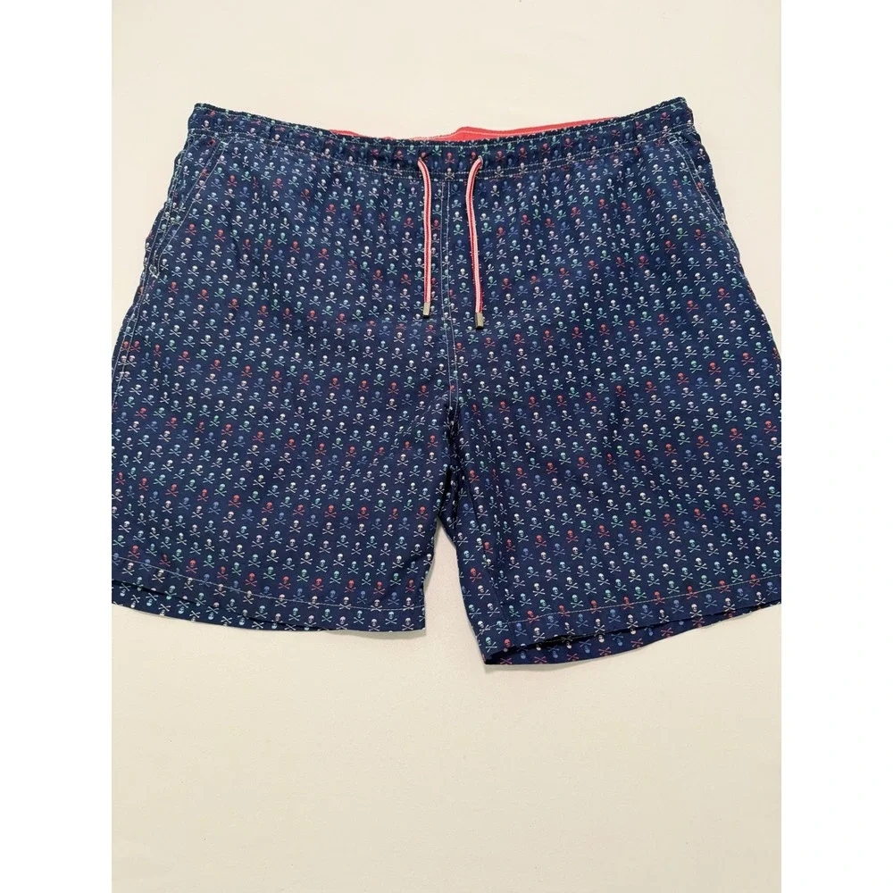 Peter Millar Mens Seaside Collection Skull Crossbones Swim Trunks Navy Blue L